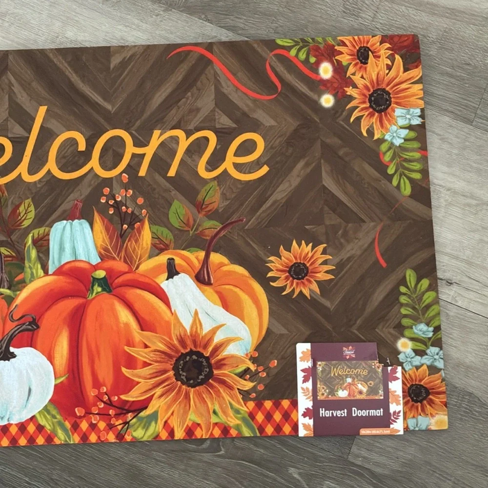 NWT- Fall Harvest- WELCOME Doormat with Pumpkins and Sunflowers- 16x28